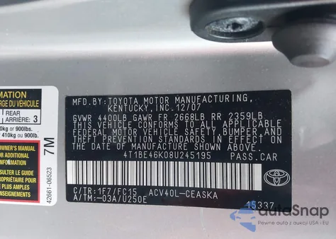 2008 Toyota Camry Se z USA, uszkodzony, nr VIN 4T1BE46K08U245195
